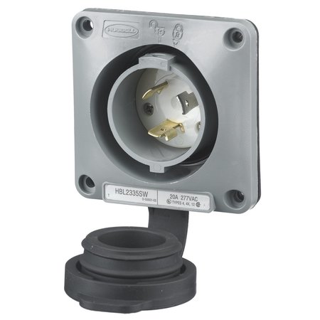 HUBBELL WIRING DEVICE-KELLEMS Locking Devices, Twist-Lock®, Watertight Safety Shroud, Flanged Inlet, 20A 277V AC, 2-Pole 3-Wire Grounding, L7- 20P, Screw Terminal, Gray HBL2335SW